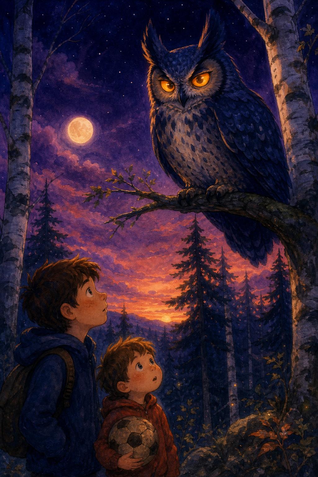 Oskar le hibou grand-duc aux yeux orange, sous un ciel crépusculaire